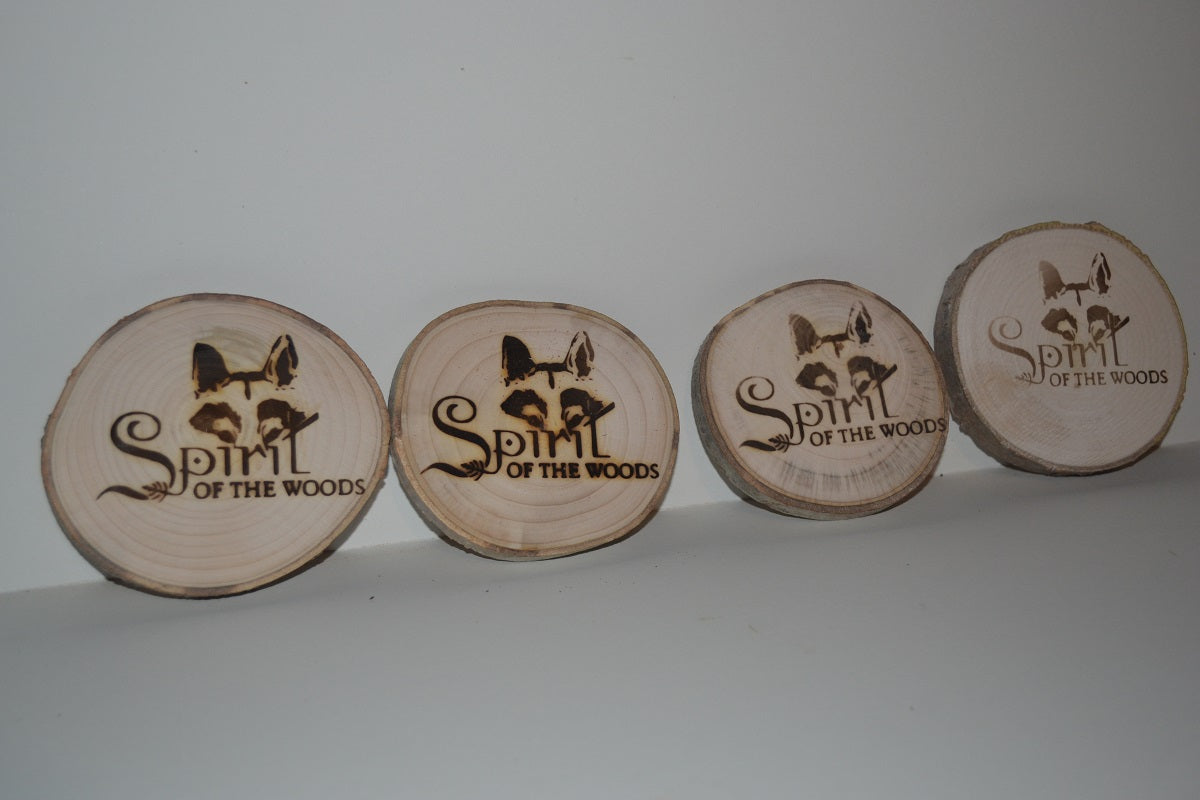 Aspen Log Coasters Set of Six With Wood Burned Spirit of the Woods Logo
