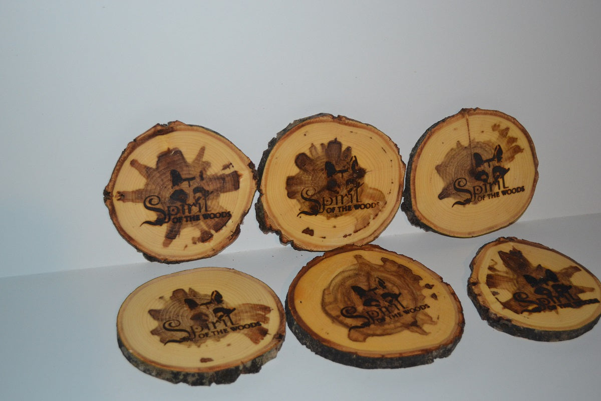 Balm of Gilead Log Coasters Set of Six With Wood Burned Spirit of the Woods Logo Set of Six