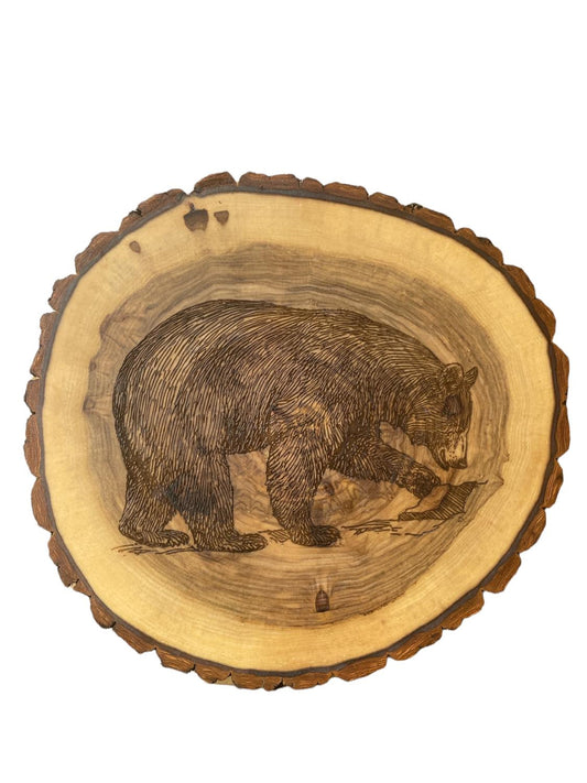 Rustic Bear Engraved Lazy Susan Log Slice with Bark, Turn table with smooth ball Bearing action,