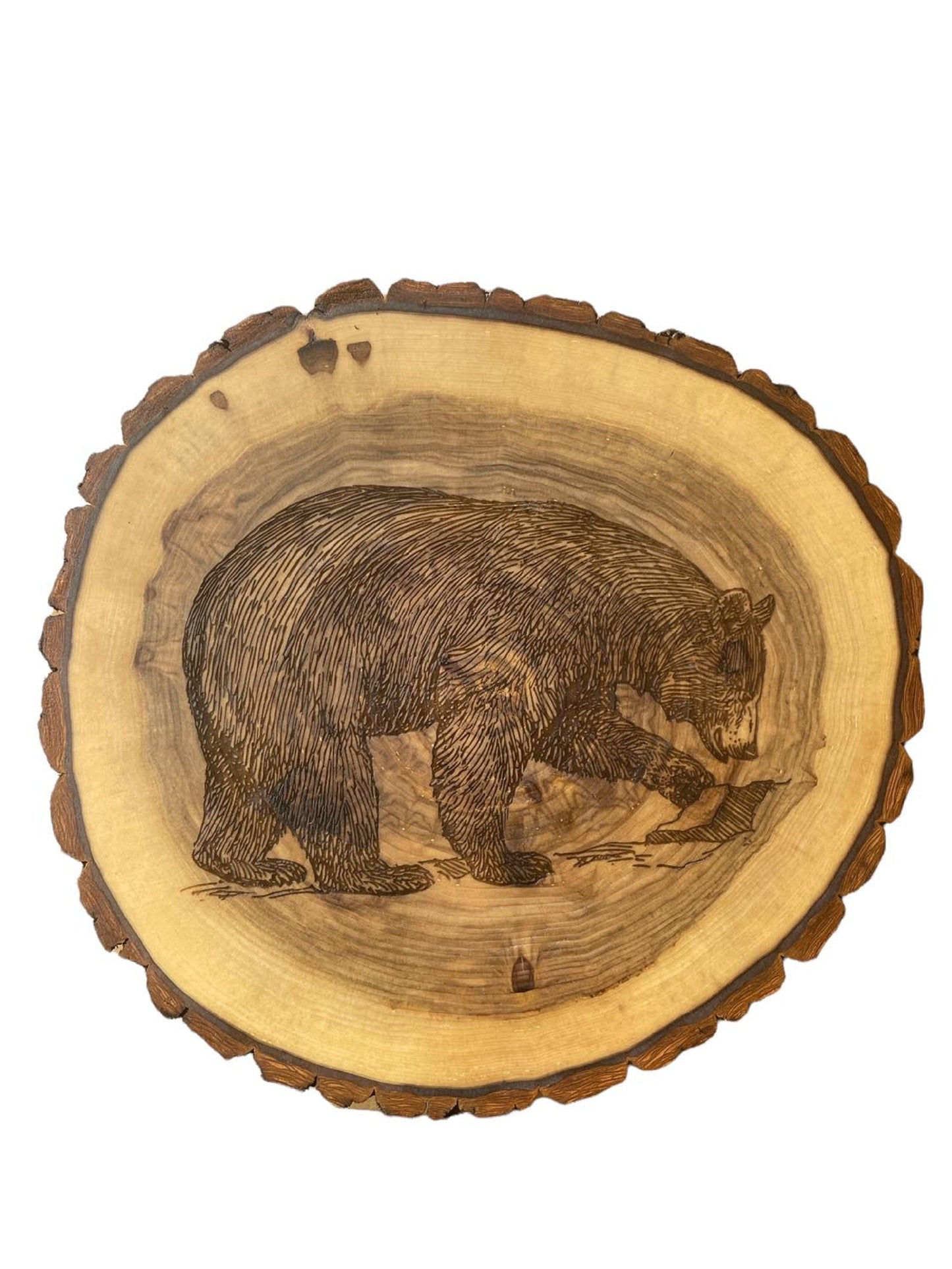 Rustic Bear Engraved  Log Slice with Bark, Charcuterie Boards, Serving Platters, Cutting Boards, Cake Stands, Center Pieces