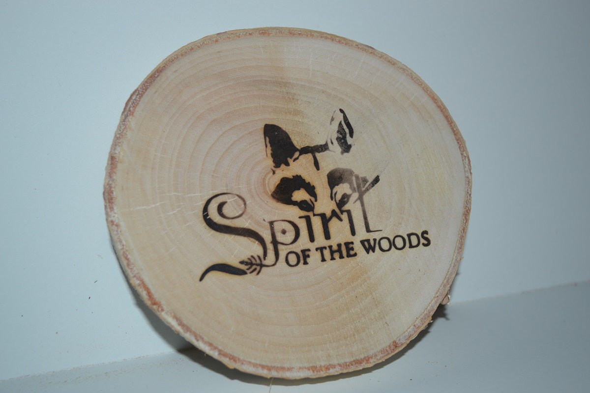 Birch Log Coasters set of six With Wood Burned Spirit of the Woods Logo