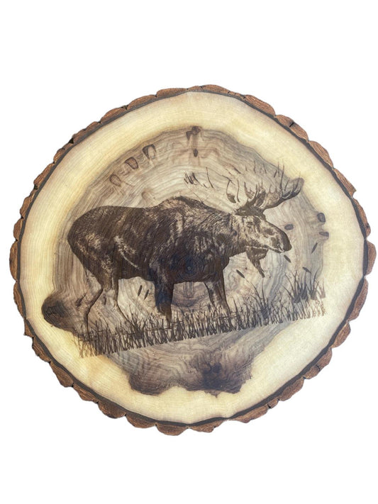 Rustic Bull Moose in a Bog Log Slice with Bark, Charcuterie Boards, Serving Platters, Cutting Boards, Cake Stands, Center Pieces Engraving Option