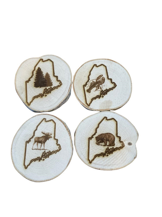 Engraved Birch Log Slice Coasters with your State and emblem Set of Six
