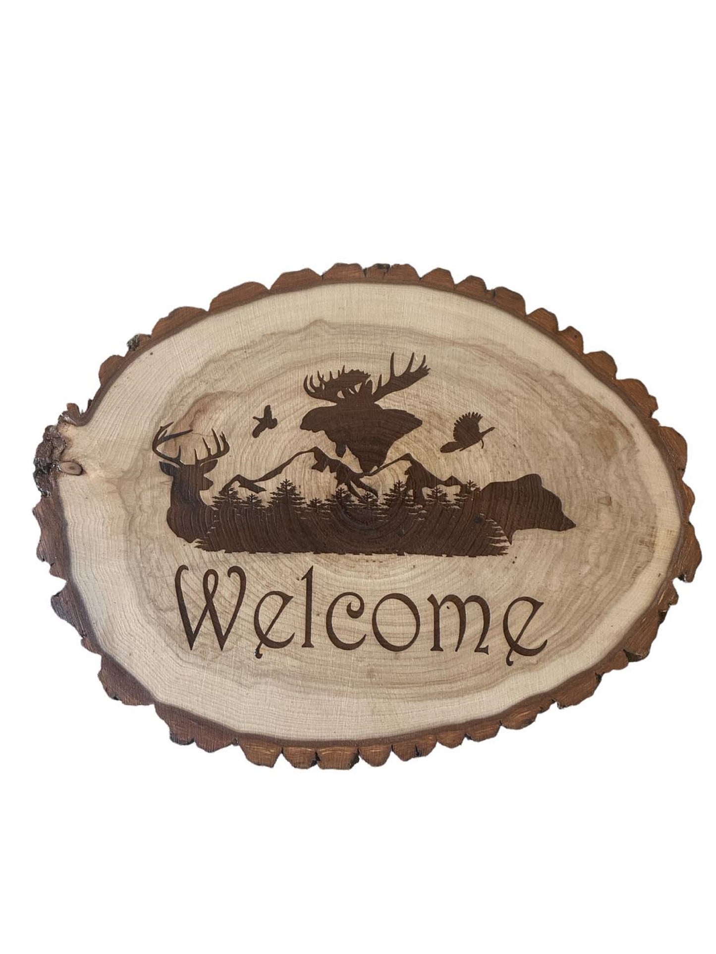 "Welcome" with Wildlife & Mountain Engraved Wood Slice wall hanging