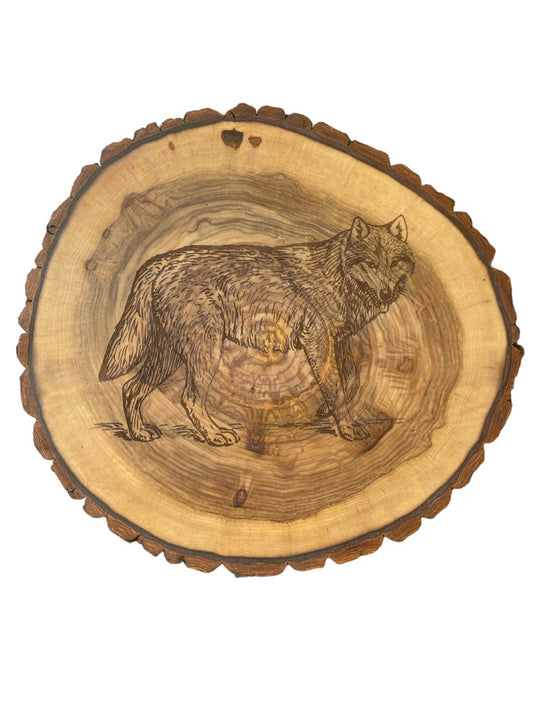 Rustic Wolf Engraved Lazy Susan Log Slice with Bark, Turn table with smooth ball Bearing action,