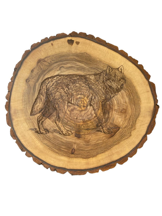 Rustic Wolf Engraved Log Slice with Bark, Charcuterie Boards, Serving Platters, Cutting Boards, Cake Stands, Center Pieces