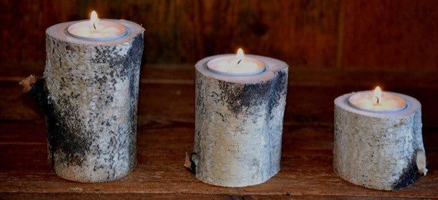 Three Piece Birch Log Candle & Tea Light Holder Set  4" - 3" - 2" 