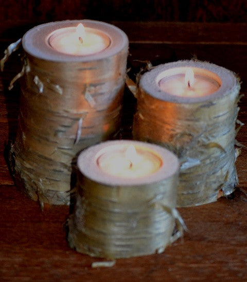 Three Piece Yellow Birch Log Candle & Tea Light Holder Set  4" - 3" - 2" 